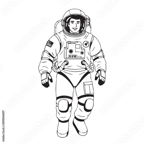 Detailed monochrome illustration of an astronaut in a spacesuit standing forward with helmet and life support equipment.