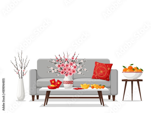 Living Room Corner with Pussy Willow Vase and Oranges
