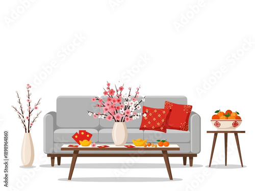 Minimalist living room interior with peach blossom decor, red envelopes, and mandarin oranges for Lunar New Year