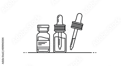 Simple line art illustration showing two medical glass vials and a dropper used for medicine or cosmetic serums.