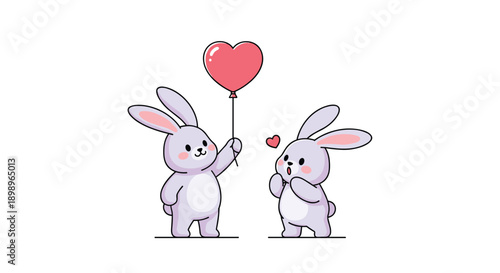 Two cute cartoon bunnies, one sharing a red heart-shaped balloon with the other in a sweet romantic gesture.