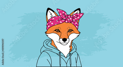 Cool cartoon fox character wearing a bright pink bandana on its head and a casual blue hoodie on a blue field.