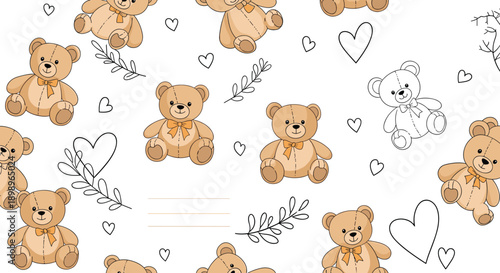 Sweet pattern of cuddly teddy bears, tiny hearts, and floral sprigs in a soft and charming nursery style design.