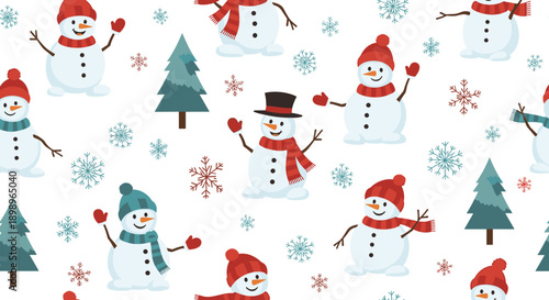 Seamless winter pattern with cute snowmen, green pine trees, and colorful snowflakes on a white background.