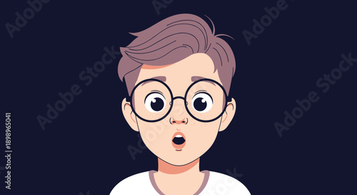 Cartoon portrait of a surprised young boy with purple hair and round glasses set against a dark blue background.