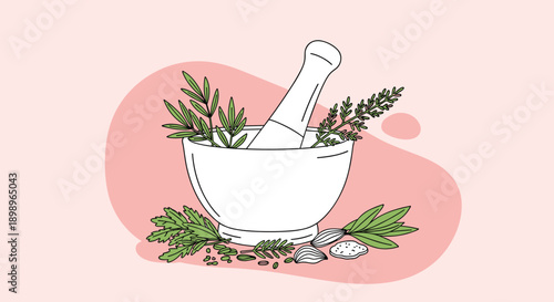 Traditional white mortar and pestle illustration surrounded by various green medicinal and culinary herbs.