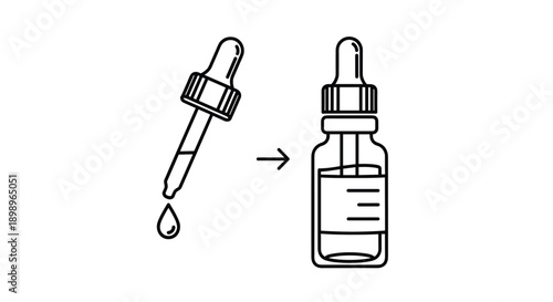 Vector icon set showing a medicinal dropper bottle and an individual pipette dispensing a single drop of liquid medicine.