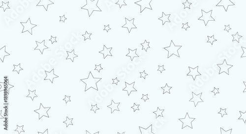 Minimalist seamless background pattern filled with various sizes of hand-drawn dotted and solid black star outlines.