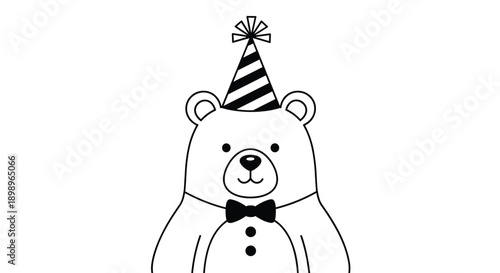Adorable teddy bear wearing a striped party hat and a black bow tie for a birthday celebration or festive event.