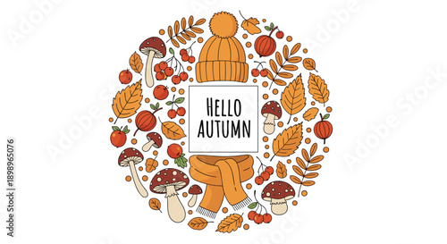 Beautiful autumn wreath composed of seasonal mushrooms, red berries, and fallen leaves surrounding the text hello autumn.