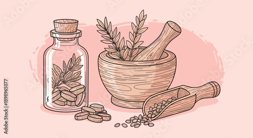 Traditional herbal medicine setup including a wooden mortar and pestle alongside a bottle of organic pills and seeds.