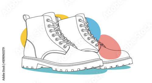 Pair of stylish lace-up work boots depicted as line art with vibrant yellow, blue, and red abstract blobs behind them.