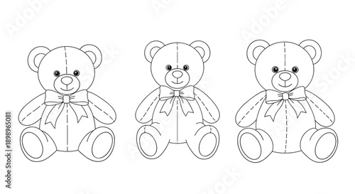 Trio of cute stuffed teddy bears with decorative bows around their necks presented in a clean line art coloring page.