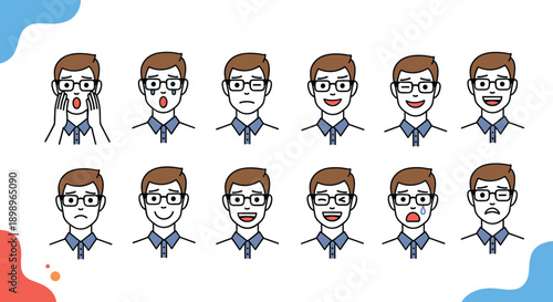 Diverse set of character avatars showing a man with glasses expressing various emotions from happiness to sadness.