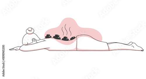 Simple line drawing illustration of a woman lying down on her stomach receiving a relaxing hot stone massage treatment at a spa.