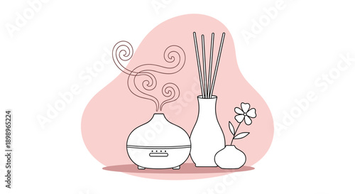 Illustration of an essential oil diffuser next to a vase with aroma sticks and a single flower on a soft pink background for wellness.