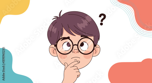 Cute cartoon illustration of a boy wearing glasses looking confused with a question mark above his head on an abstract background.
