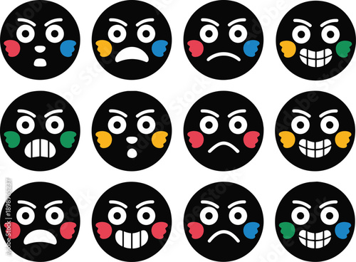 Angry emoji face expression icon set, intense emotions reactions, bold smiley avatars, flat modern vector illustration collection design