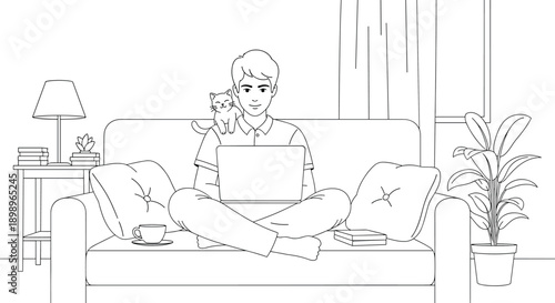 Relaxed man sitting cross-legged on a sofa working on a laptop with a cute cat sitting on his shoulder in a minimalist room setting.