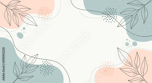 Minimalist horizontal background with soft abstract shapes and delicate leaf line drawings in a peaceful pastel color palette design.