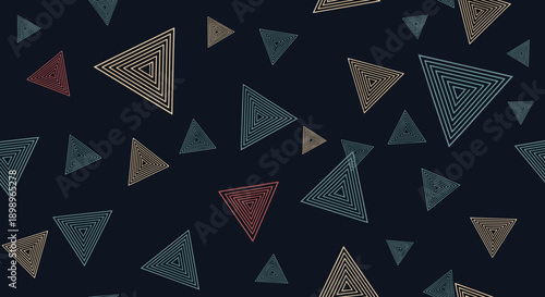 Seamless geometric pattern of colorful layered triangles with fine lines on a dark navy background for modern textile or digital art.