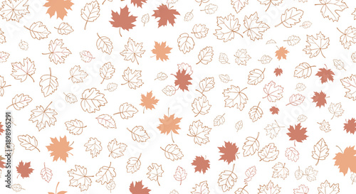 Autumnal seamless pattern featuring stylized maple leaves in warm shades of orange and brown scattered on a plain white background.