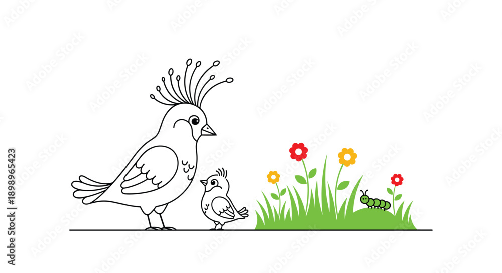 Obraz premium Cute cartoon scene featuring a mother bird and her chick standing near a patch of green grass with colorful flowers and a caterpillar.