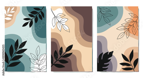 Set of three vertical artistic banners featuring abstract shapes in earth tones and black leaf silhouettes for modern interior decor.