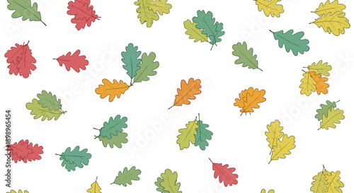 Seamless autumn pattern with scattered oak leaves in shades of green, red, orange, and yellow on a clean and minimalist white background.