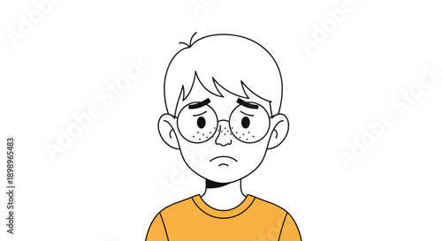 Cartoon illustration of a young boy with freckles and round glasses looking very sad and disappointed while wearing an orange shirt.