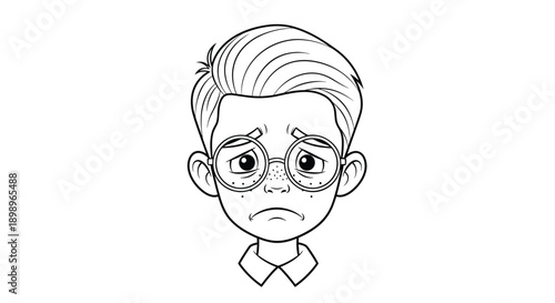 Hand drawn sketch of a young boy with messy hair and round glasses expressing sadness and sorrow in a detailed black and white style.