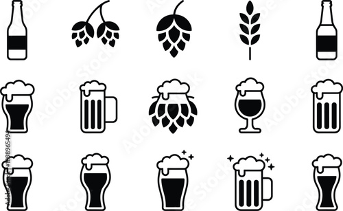 Minimal brewery and craft beer icon set with hops barley bottles glasses brewing symbols isolated on white background