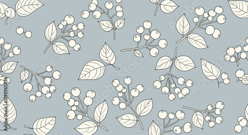 Seamless textile pattern featuring hand drawn branches with white berries and leaves scattered across a calming blue-gray background.