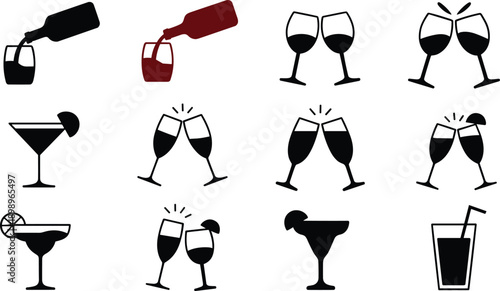 Minimal cocktail and wine glass silhouettes set with cheers icons isolated on white background for bar and party design