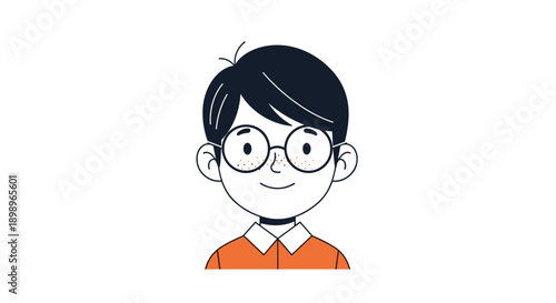 Friendly cartoon boy with dark hair and round glasses wearing an orange shirt and smiling warmly in a clean and simple vector style.