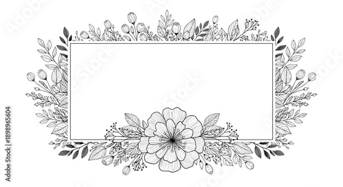 Elegant rectangular frame embellished with hand drawn botanical elements and flowers, perfect for wedding invitations or cards.