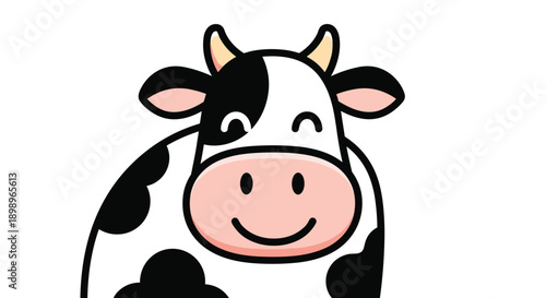Cheerful cartoon illustration of a cute spotted cow with a friendly smile, perfect for children's books and farm themes.