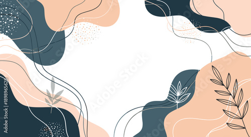 Modern abstract background design with flowing organic shapes, dots, and delicate leaf illustrations in a muted color palette.