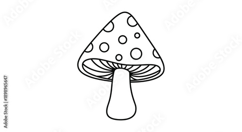 Simple black and white line drawing of a mushroom with spots on its cap, perfect for nature and coloring projects.