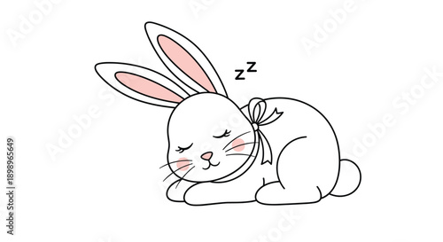 Adorable illustration of a cute white bunny with pink ears and a bow tie sleeping peacefully on a white background.