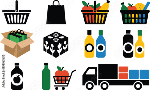Shopping and grocery delivery icon set with baskets, bags, food products and logistics truck for retail ecommerce vector illustration