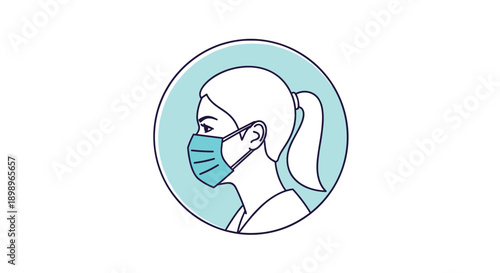 Profile view illustration of a woman wearing a blue surgical face mask for health protection on a light blue background.