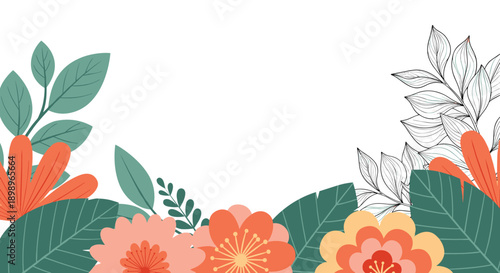 Vibrant botanical border featuring colorful stylized flowers and green leaves arranged at the bottom on a white background.