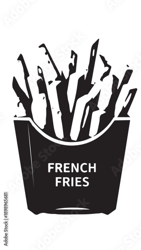 Silhouette of a French fries box with raised hands decoration in a bold graphic style.