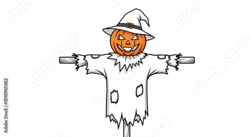 Colorful illustration of a Halloween scarecrow with a carved jack o lantern head and a tattered white cloth body.