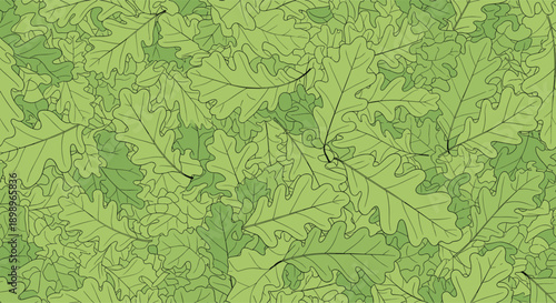 Seamless background pattern filled with many green oak leaves in various shades and orientations for a natural forest aesthetic.