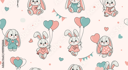 Adorable seamless pattern featuring cute bunnies holding heart shaped balloons with colorful festive party bunting and dots.