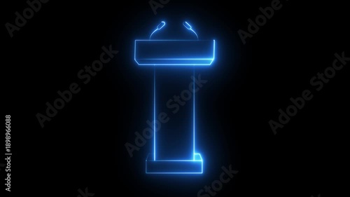 Glowing neon Podium Tribune Rostrum Stand with Microphones icon isolated on black background. Stage stand or debate podium rostrum icon animation. Conference speech. black background 4k video