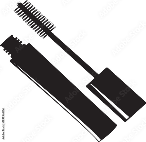 Black silhouette of an open mascara tube with applicator wand on white background