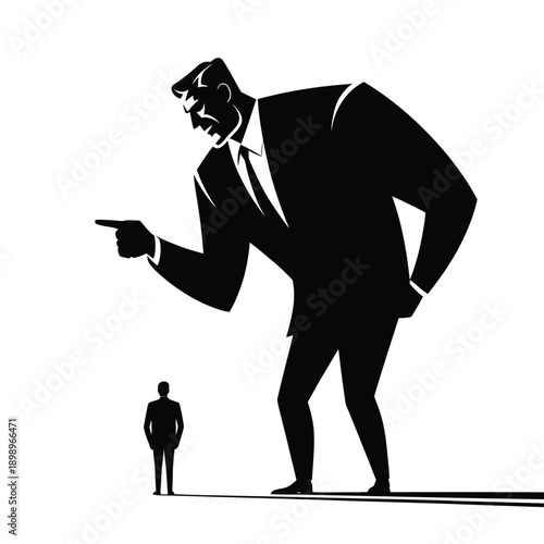 A towering figure in a suit points aggressively at a much smaller person